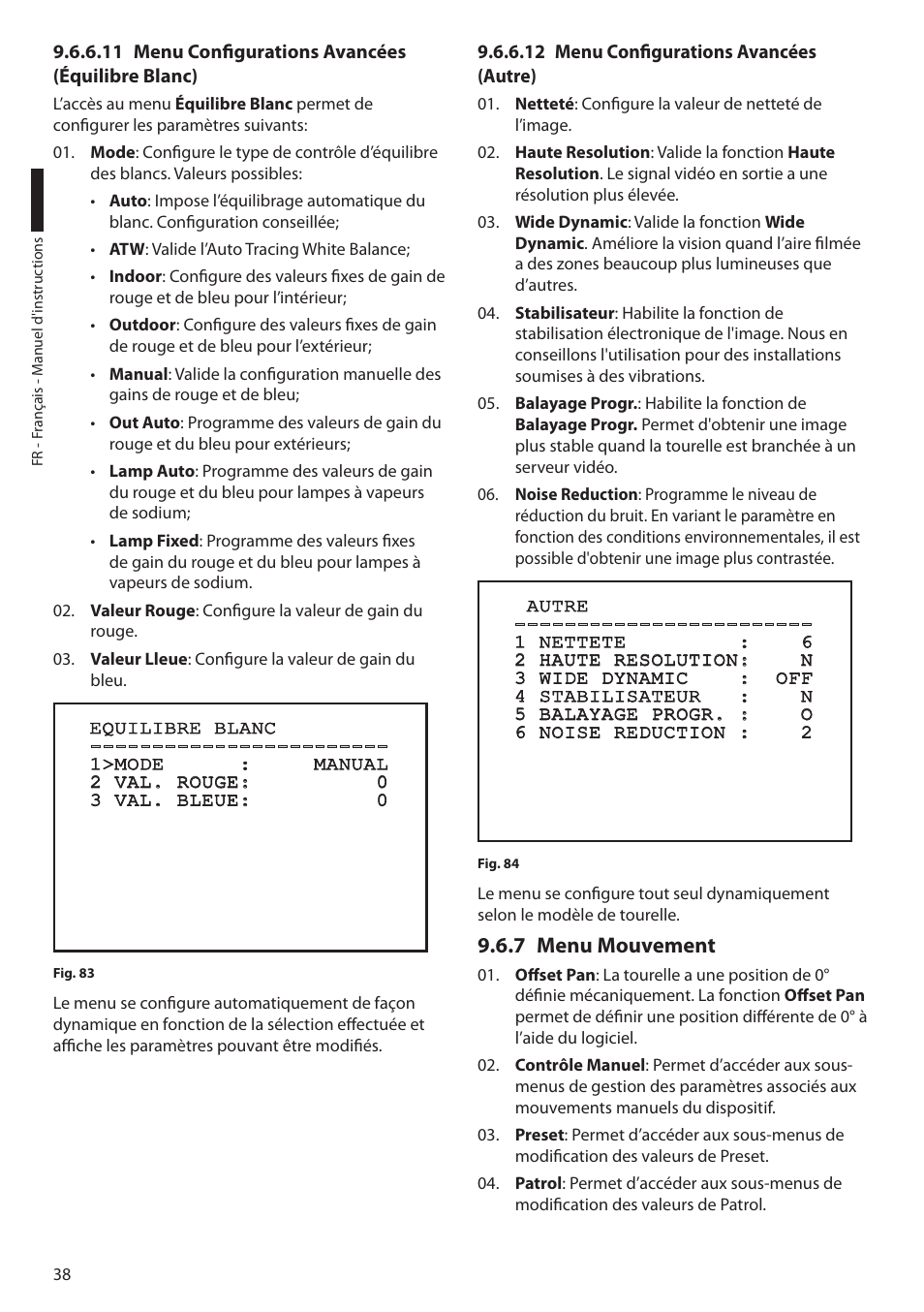 11 menu configurations avancées (équilibre blanc), 12 menu configurations avancées (autre), 7 menu mouvement | Videotec ULISSE User Manual | Page 176 / 276