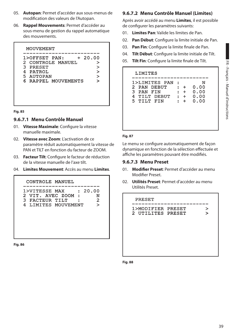 1 menu contrôle manuel, 2 menu contrôle manuel (limites), 3 menu preset | Videotec ULISSE User Manual | Page 177 / 276