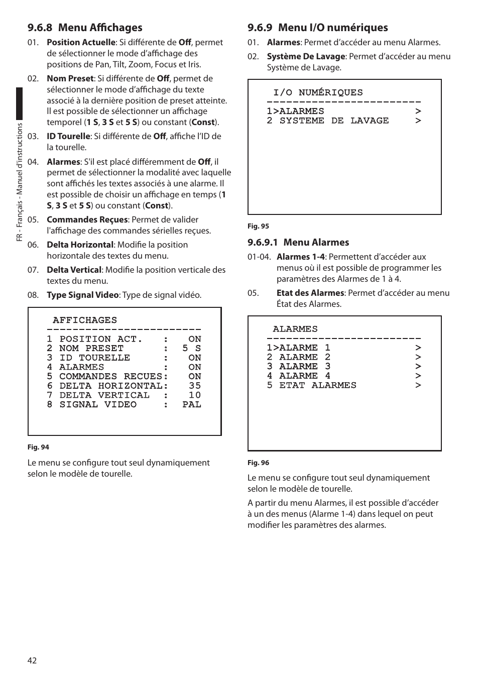 8 menu affichages, 9 menu i/o numériques, 1 menu alarmes | 8 menu affichages 9.6.9 menu i/o numériques | Videotec ULISSE User Manual | Page 180 / 276