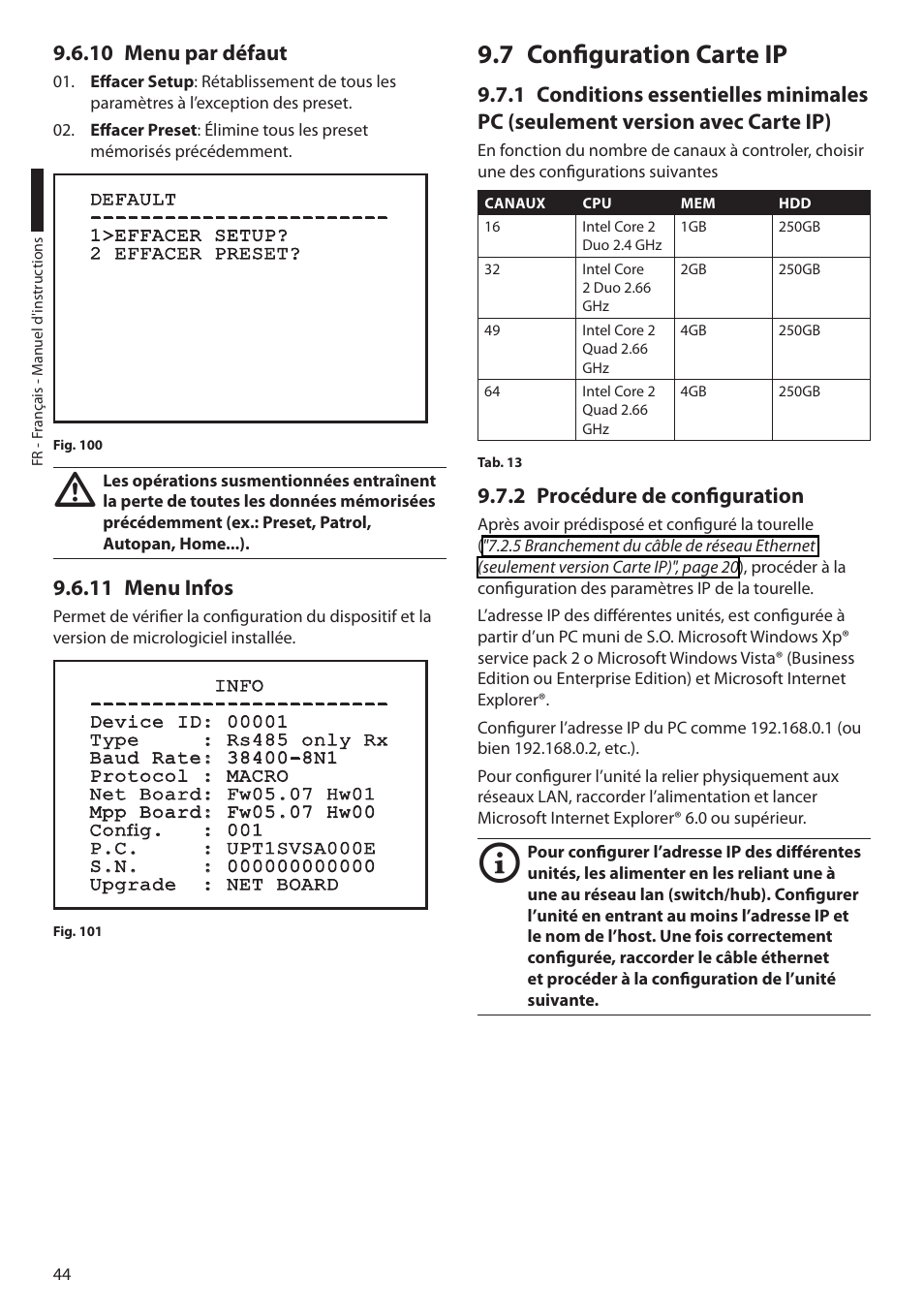 10 menu par défaut, 11 menu infos, 7 configuration carte ip | 2 procédure de configuration, 10 menu par défaut 9.6.11 menu infos | Videotec ULISSE User Manual | Page 182 / 276