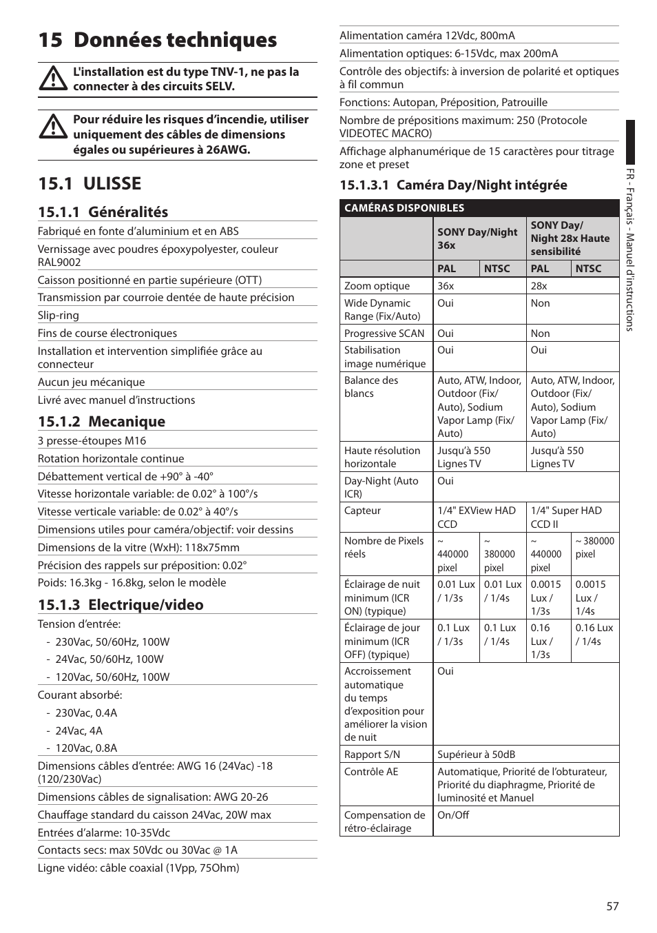 15 données techniques, 1 ulisse, 1 généralités | 2 mecanique, 3 electrique/video, 1 caméra day/night intégrée | Videotec ULISSE User Manual | Page 195 / 276