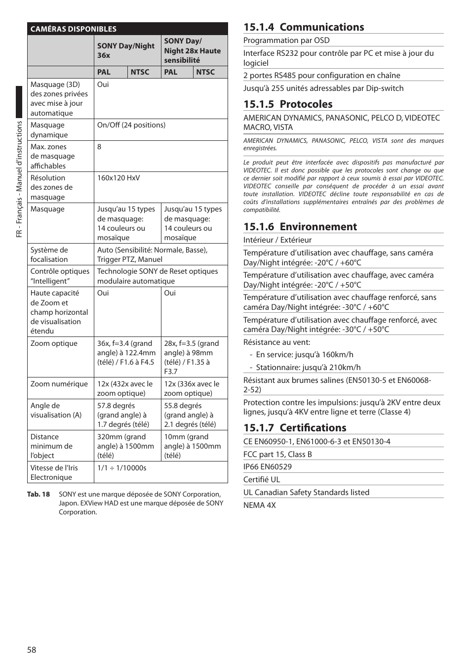 4 communications, 5 protocoles, 6 environnement | 7 certifications | Videotec ULISSE User Manual | Page 196 / 276