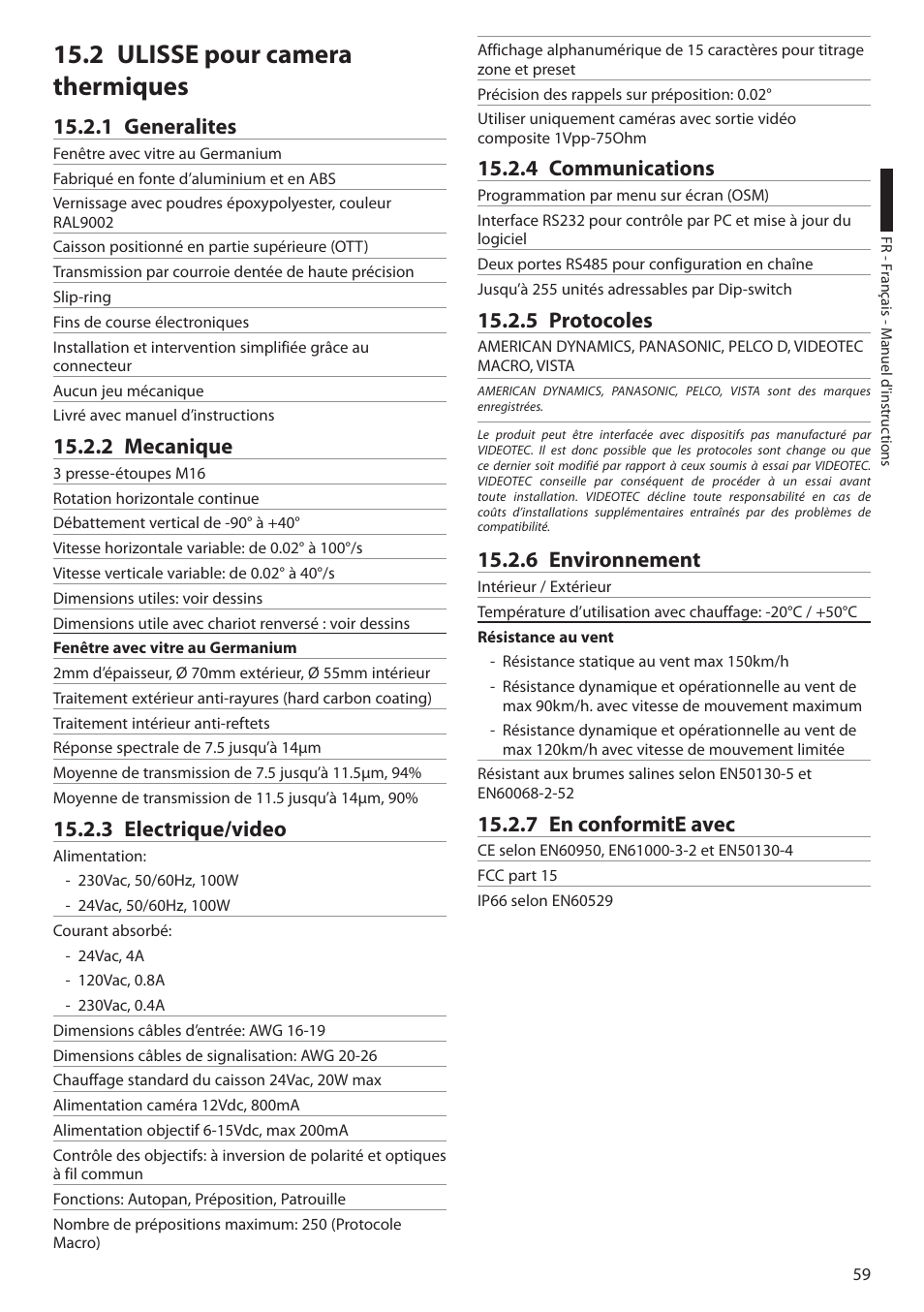 2 ulisse pour camera thermiques, 1 generalites, 2 mecanique | 3 electrique/video, 4 communications, 5 protocoles, 6 environnement, 7 en conformite avec, 2 ulisse pour c amera thermiques | Videotec ULISSE User Manual | Page 197 / 276