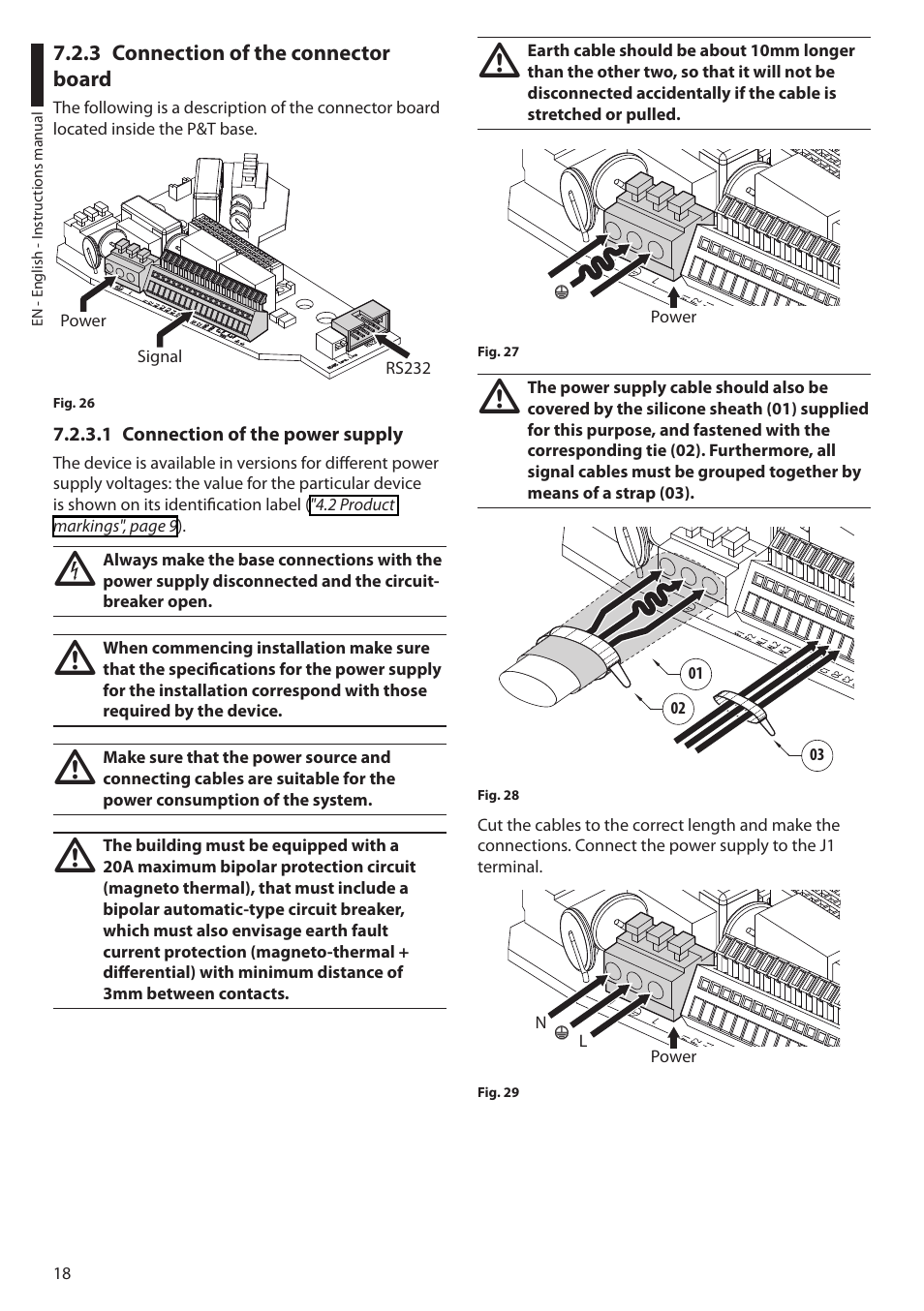 3 connection of the connector board, 1 connection of the power supply | Videotec ULISSE User Manual | Page 20 / 276