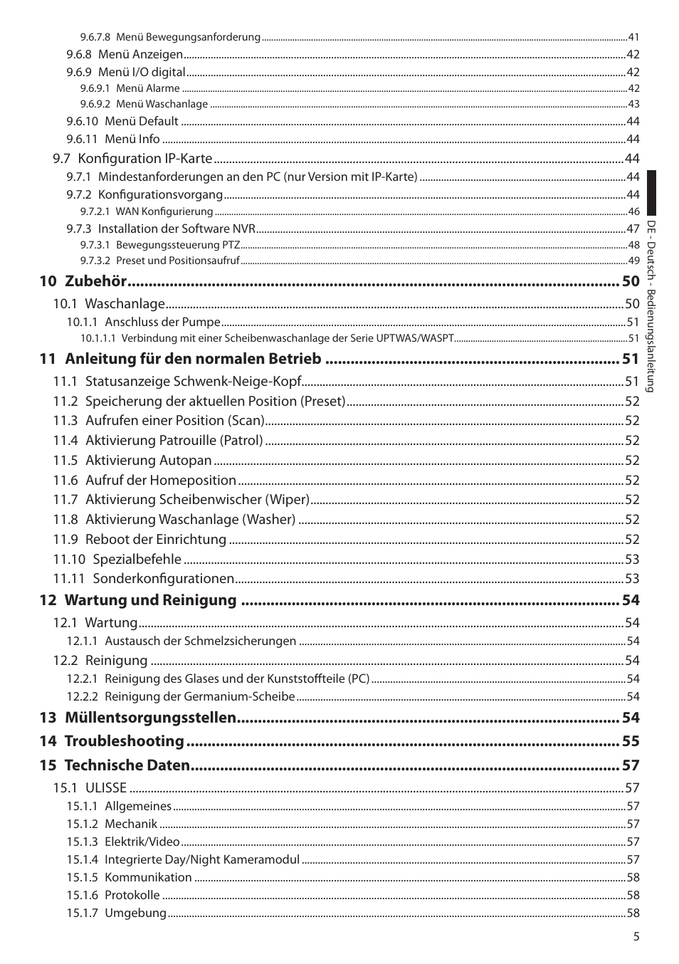 10 zubehör, 11 anleitung für den normalen betrieb, 12 wartung und reinigung | Videotec ULISSE User Manual | Page 211 / 276