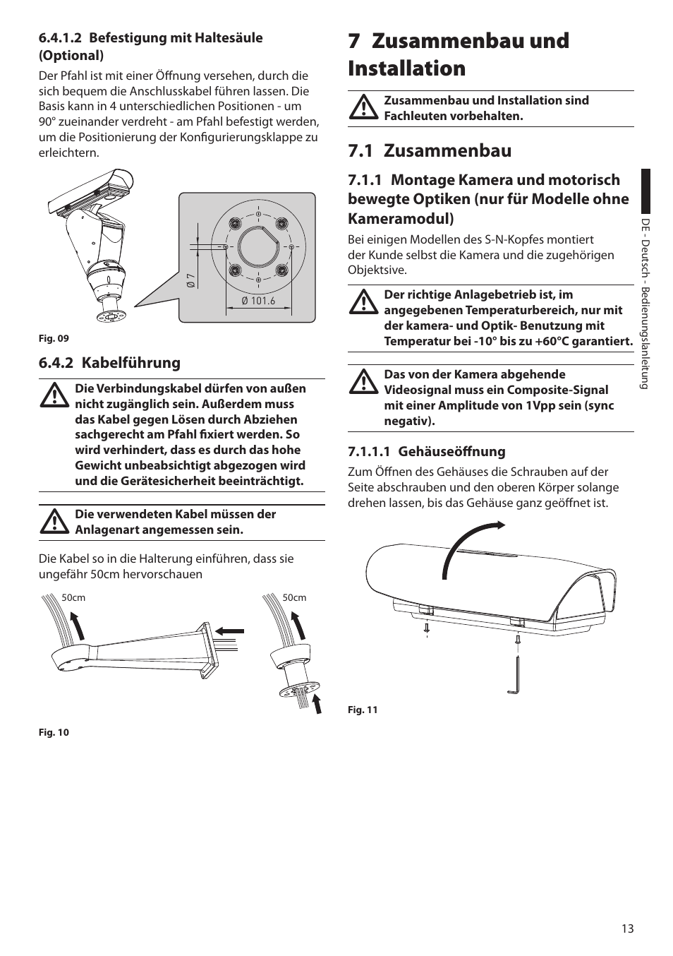 2 befestigung mit haltesäule (optional), 2 kabelführung, 7 zusammenbau und installation | 1 zusammenbau, 1 gehäuseöffnung | Videotec ULISSE User Manual | Page 219 / 276