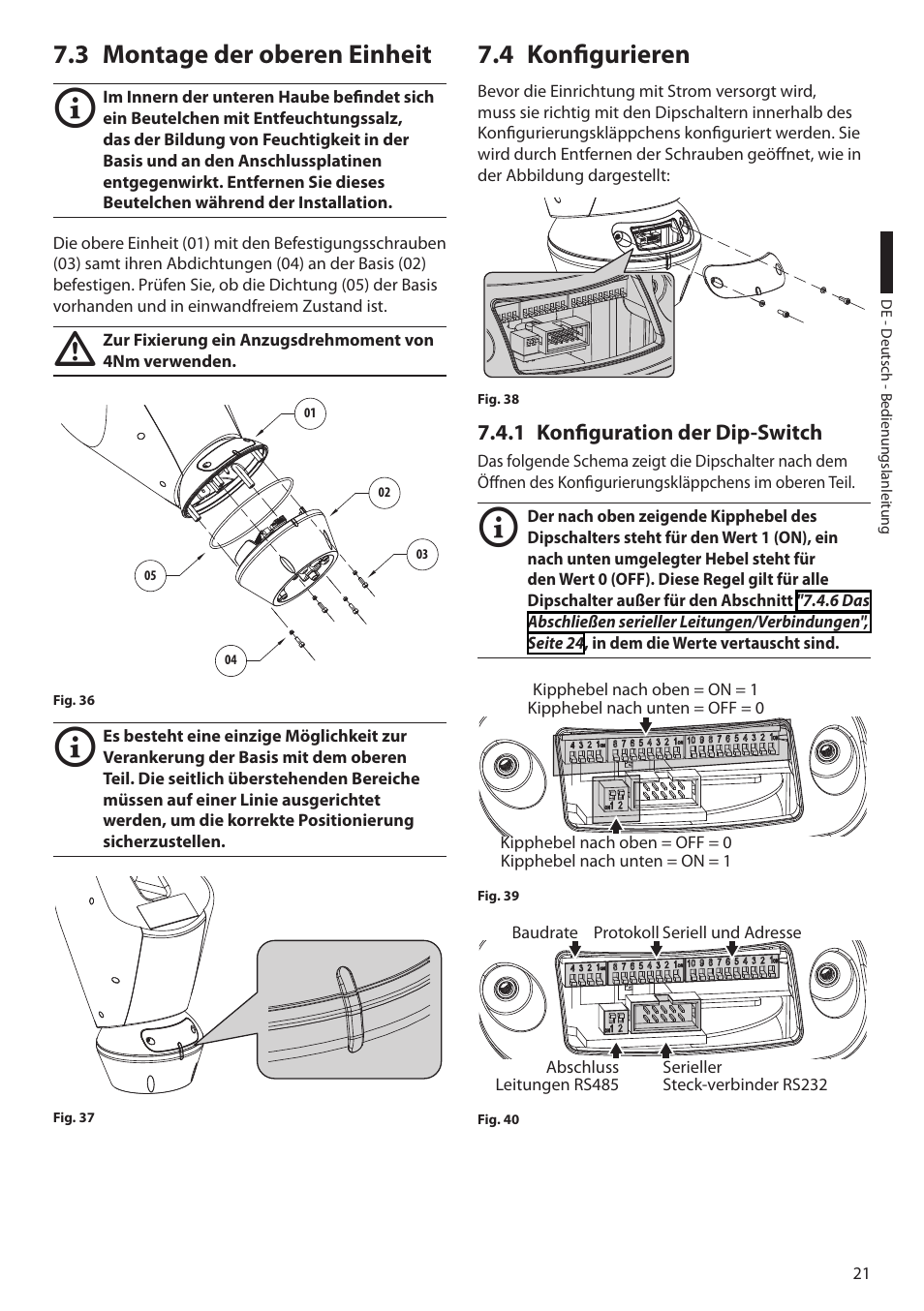 3 montage der oberen einheit, 4 konfigurieren, 1 konfiguration der dip-switch | 3 montage der oberen einheit 7.4 konfigurieren | Videotec ULISSE User Manual | Page 227 / 276