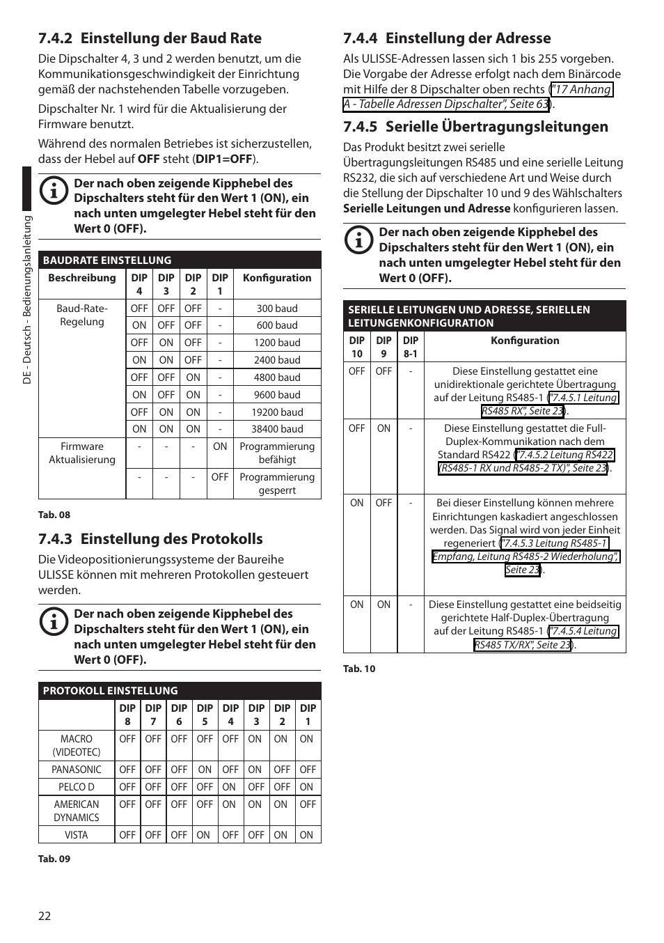 2 einstellung der baud rate, 3 einstellung des protokolls, 4 einstellung der adresse | 5 serielle übertragungsleitungen | Videotec ULISSE User Manual | Page 228 / 276