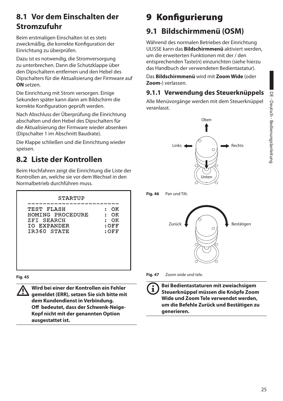 1 vor dem einschalten der stromzufuhr, 2 liste der kontrollen, 9 konfigurierung | 1 bildschirmmenü (osm), 1 verwendung des steuerknüppels | Videotec ULISSE User Manual | Page 231 / 276