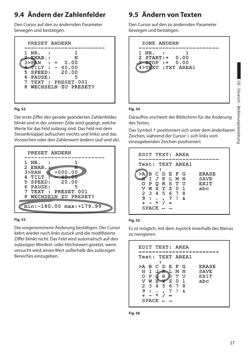 4 ändern der zahlenfelder, 5 ändern von texten, 4 ändern der zahlenfelder 9.5 ändern von texten | Videotec ULISSE User Manual | Page 233 / 276