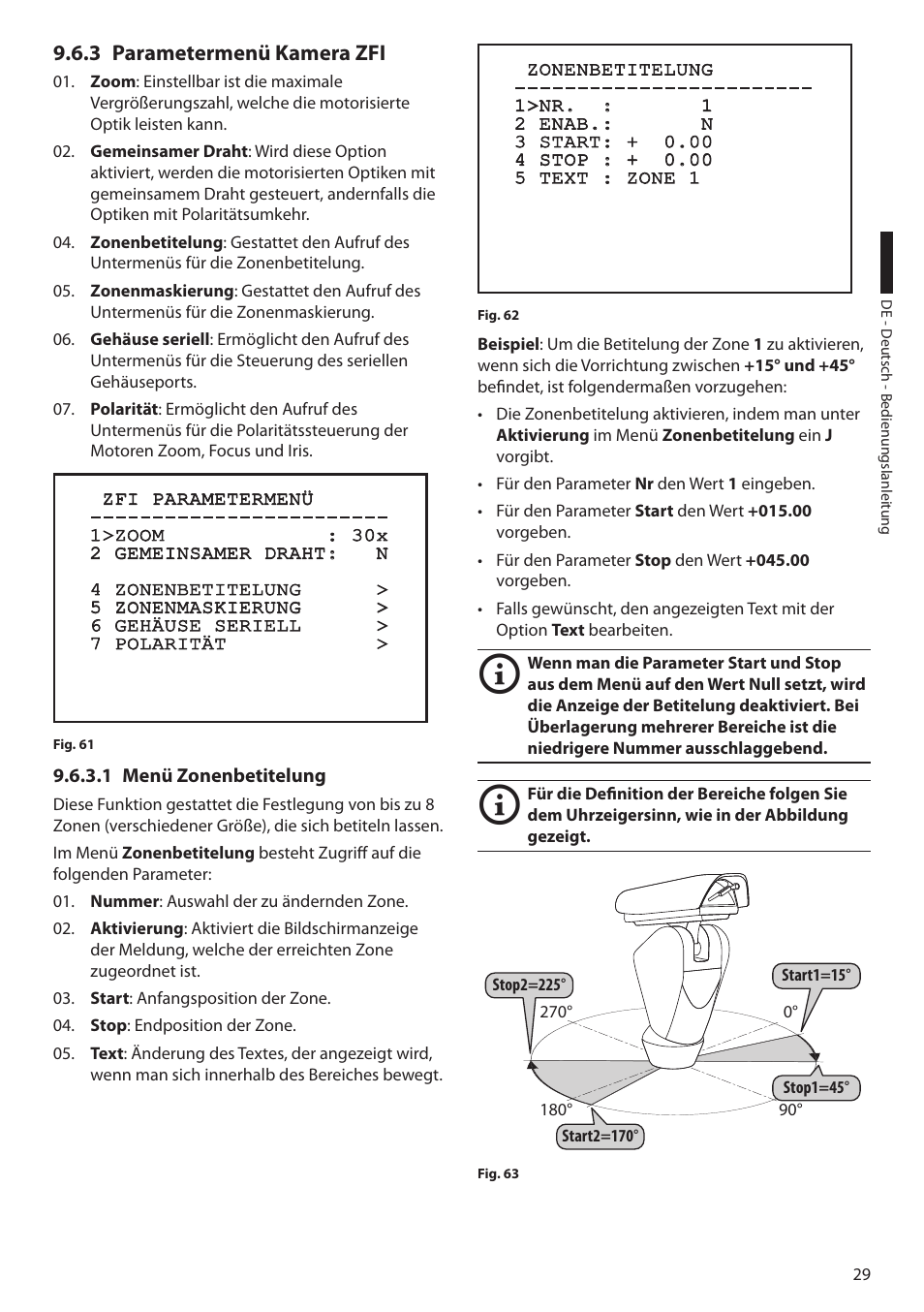 3 parametermenü kamera zfi, 1 menü zonenbetitelung | Videotec ULISSE User Manual | Page 235 / 276