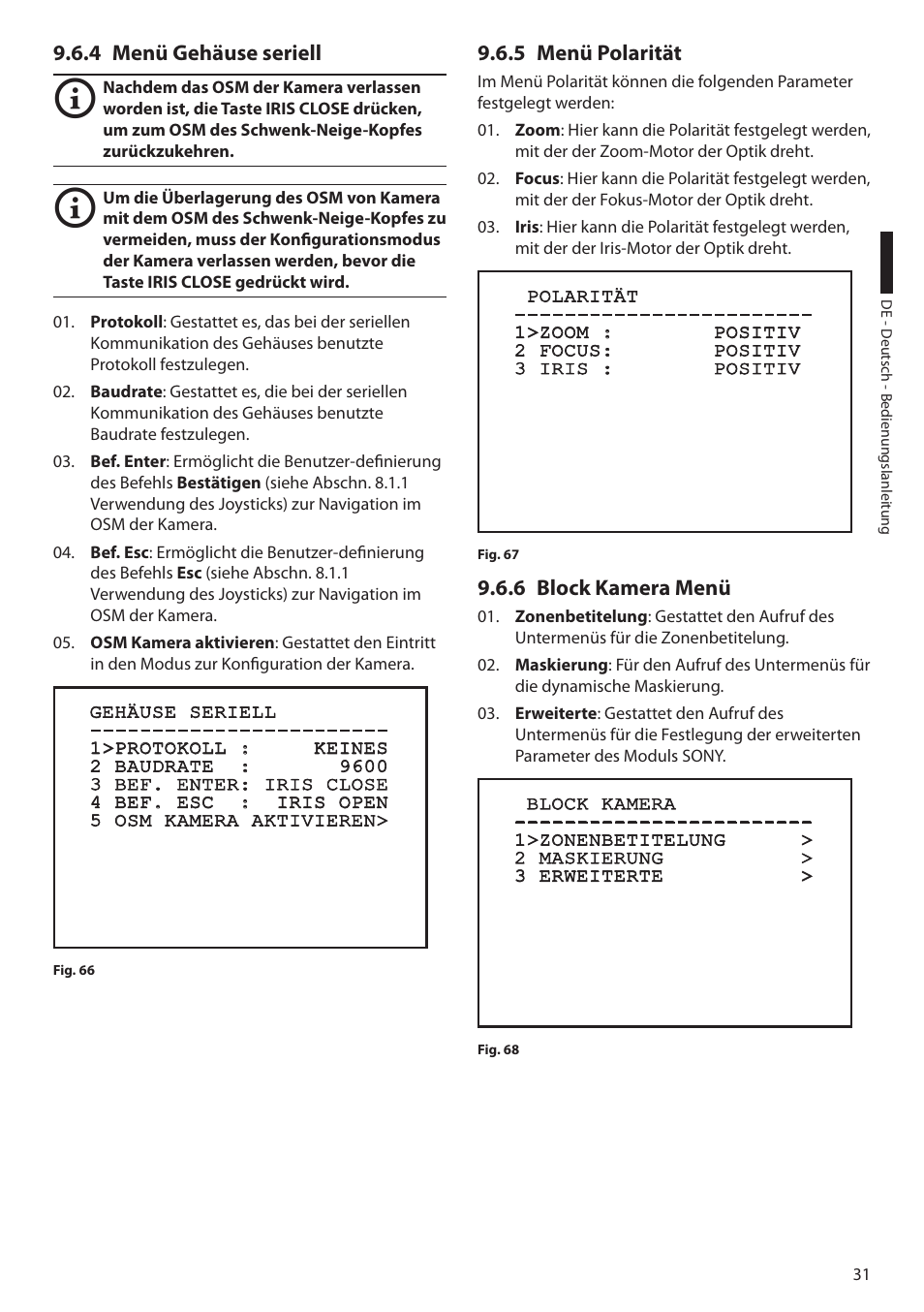 4 menü gehäuse seriell, 5 menü polarität, 6 block kamera menü | Videotec ULISSE User Manual | Page 237 / 276
