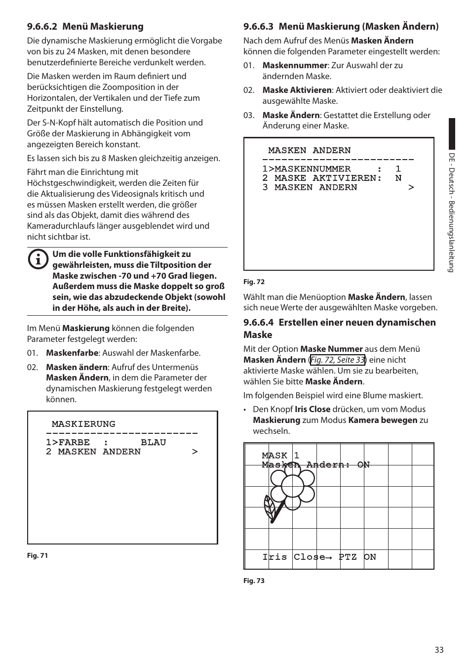 2 menü maskierung, 3 menü maskierung (masken ändern), 4 erstellen einer neuen dynamischen maske | Videotec ULISSE User Manual | Page 239 / 276