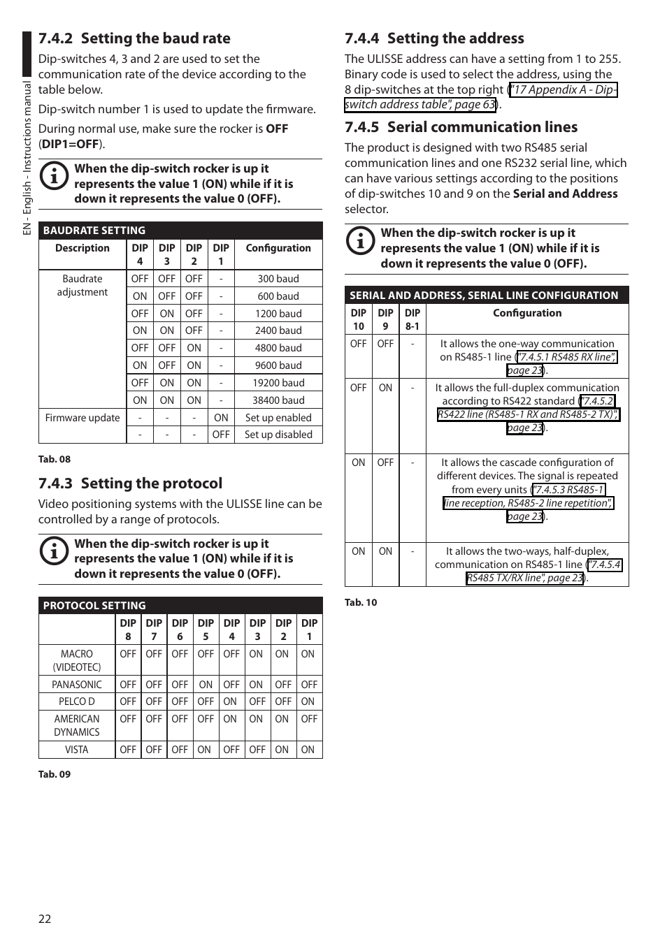 2 setting the baud rate, 3 setting the protocol, 4 setting the address | 5 serial communication lines | Videotec ULISSE User Manual | Page 24 / 276