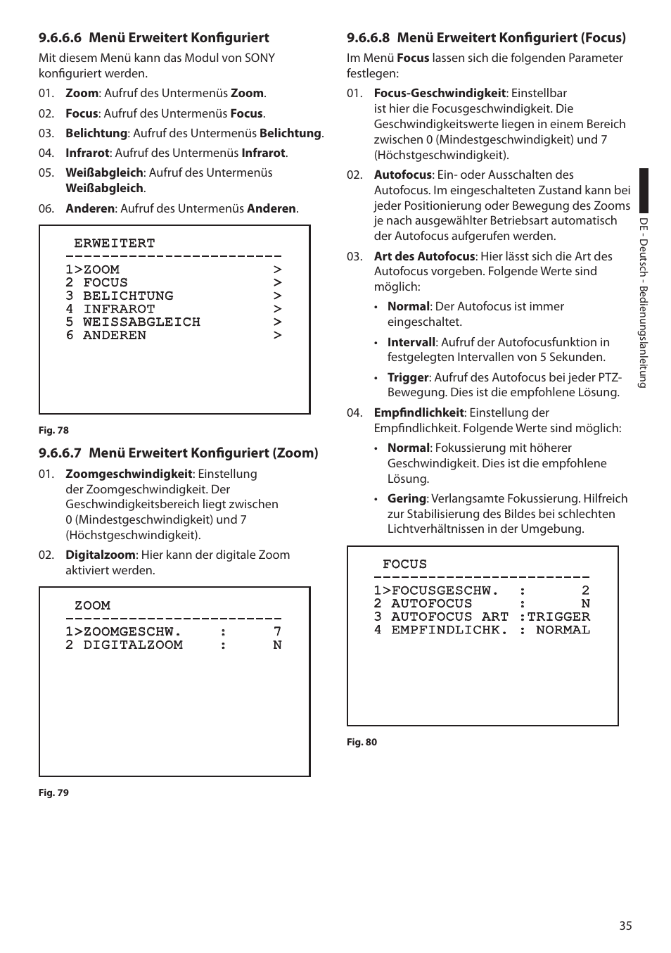 6 menü erweitert konfiguriert, 7 menü erweitert konfiguriert (zoom), 8 menü erweitert konfiguriert (focus) | Videotec ULISSE User Manual | Page 241 / 276