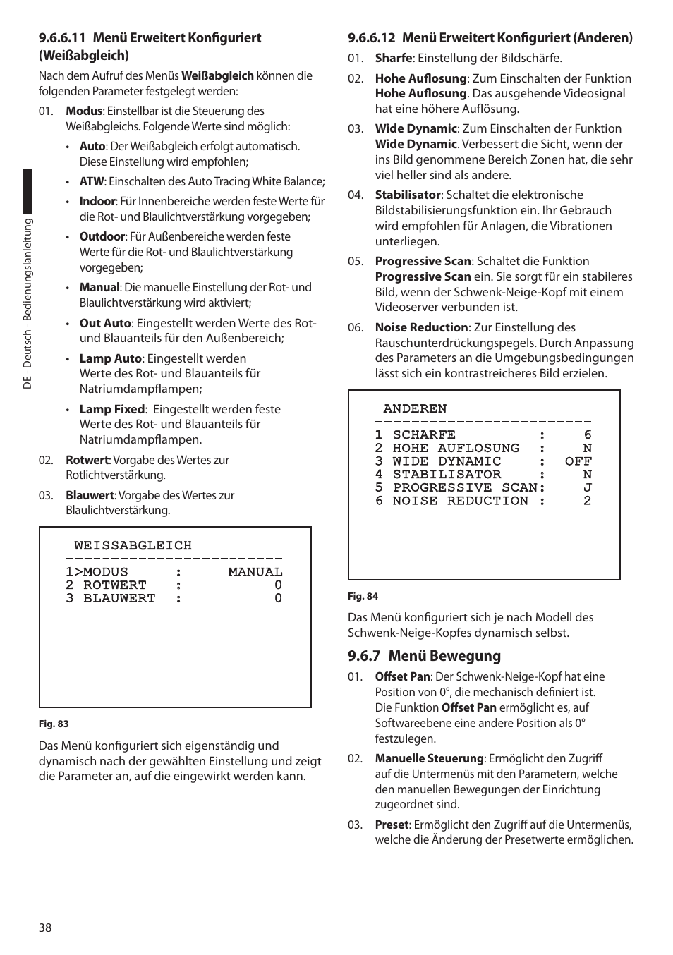 11 menü erweitert konfiguriert (weißabgleich), 12 menü erweitert konfiguriert (anderen), 7 menü bewegung | Videotec ULISSE User Manual | Page 244 / 276