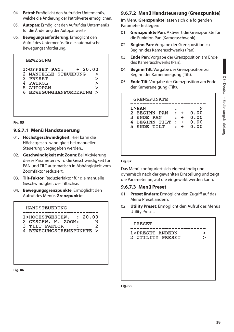 1 menü handsteuerung, 2 menü handsteuerung (grenzpunkte), 3 menü preset | Videotec ULISSE User Manual | Page 245 / 276