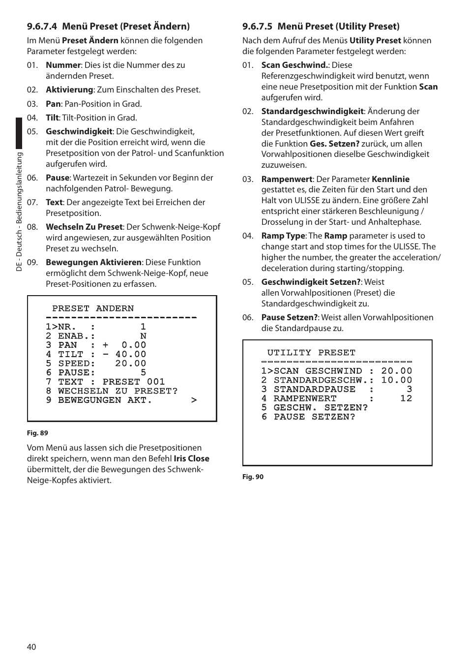 4 menü preset (preset ändern), 5 menü preset (utility preset) | Videotec ULISSE User Manual | Page 246 / 276