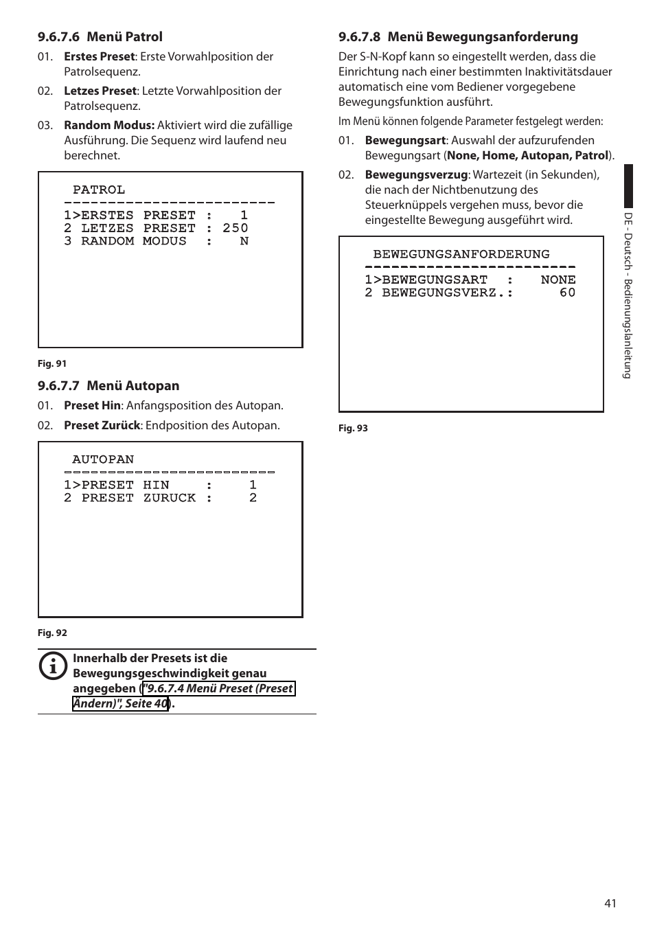 6 menü patrol, 7 menü autopan, 8 menü bewegungsanforderung | 6 menü patrol 9.6.7.7 menü autopan | Videotec ULISSE User Manual | Page 247 / 276