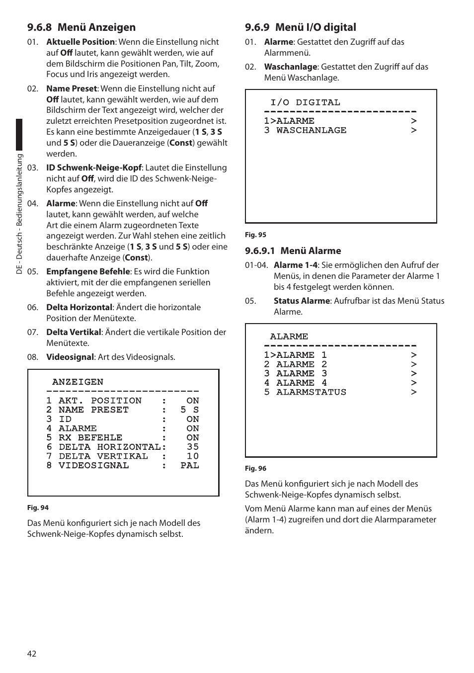 8 menü anzeigen, 9 menü i/o digital, 1 menü alarme | 8 menü anzeigen 9.6.9 menü i/o digital | Videotec ULISSE User Manual | Page 248 / 276