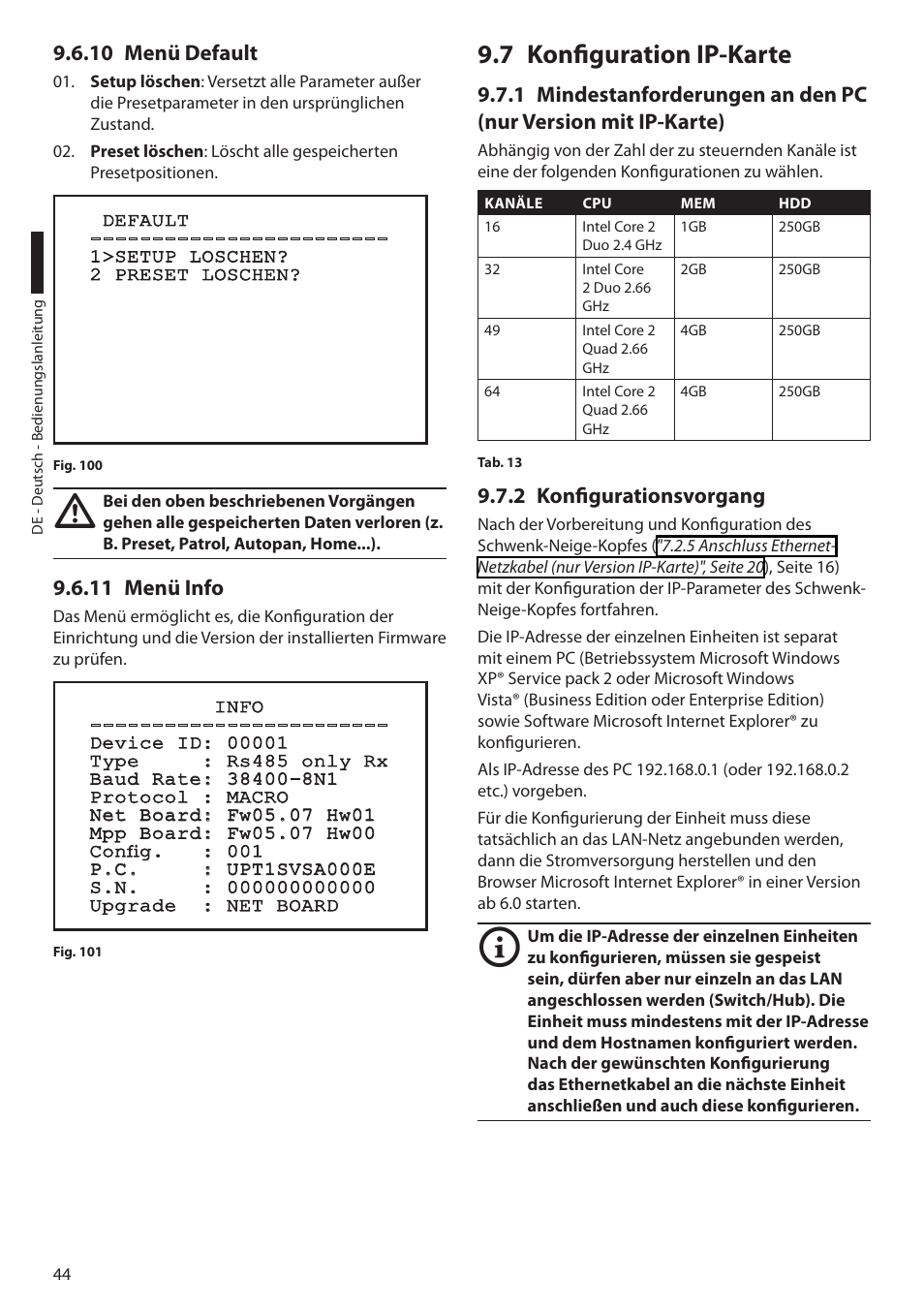 10 menü default, 11 menü info, 7 konfiguration ip-karte | 2 konfigurationsvorgang, 10 menü default 9.6.11 menü info | Videotec ULISSE User Manual | Page 250 / 276