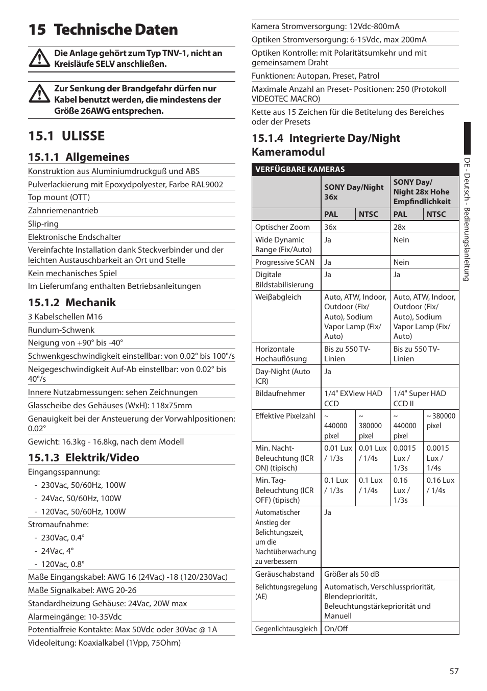 15 technische daten, 1 ulisse, 1 allgemeines | 2 mechanik, 3 elektrik/video, 4 integrierte day/night kameramodul | Videotec ULISSE User Manual | Page 263 / 276