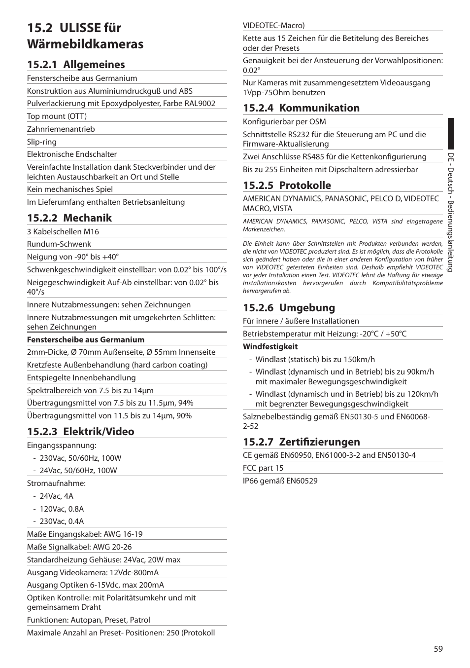 2 ulisse für wärmebildkameras, 1 allgemeines, 2 mechanik | 3 elektrik/video, 4 kommunikation, 5 protokolle, 6 umgebung, 7 zertifizierungen | Videotec ULISSE User Manual | Page 265 / 276