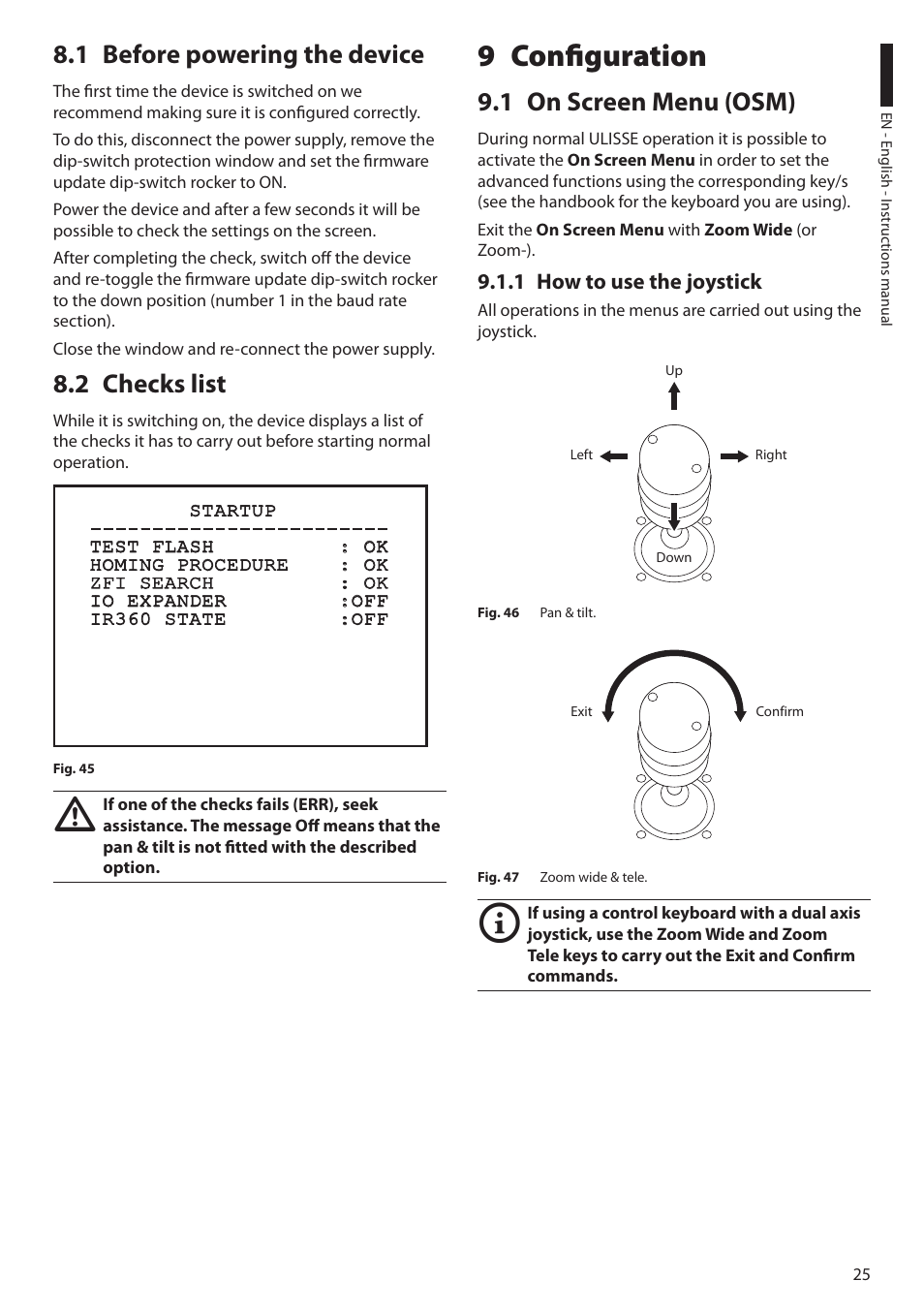 1 before powering the device, 2 checks list, 9 configuration | 1 on screen menu (osm), 1 how to use the joystick, 1 before powering the device 8.2 checks list | Videotec ULISSE User Manual | Page 27 / 276
