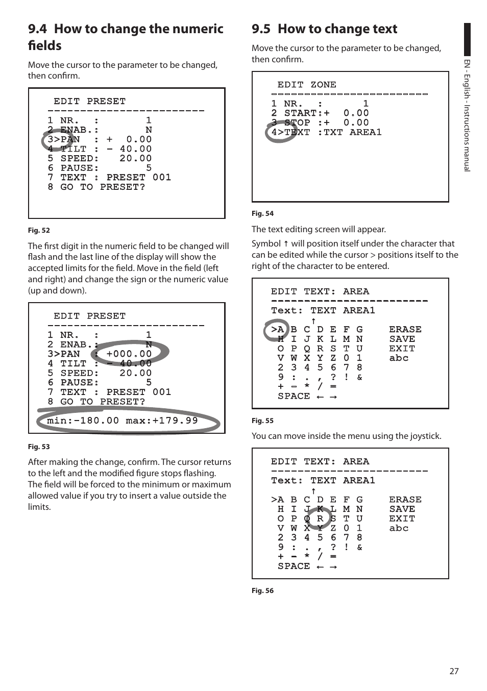 4 how to change the numeric fields, 5 how to change text | Videotec ULISSE User Manual | Page 29 / 276