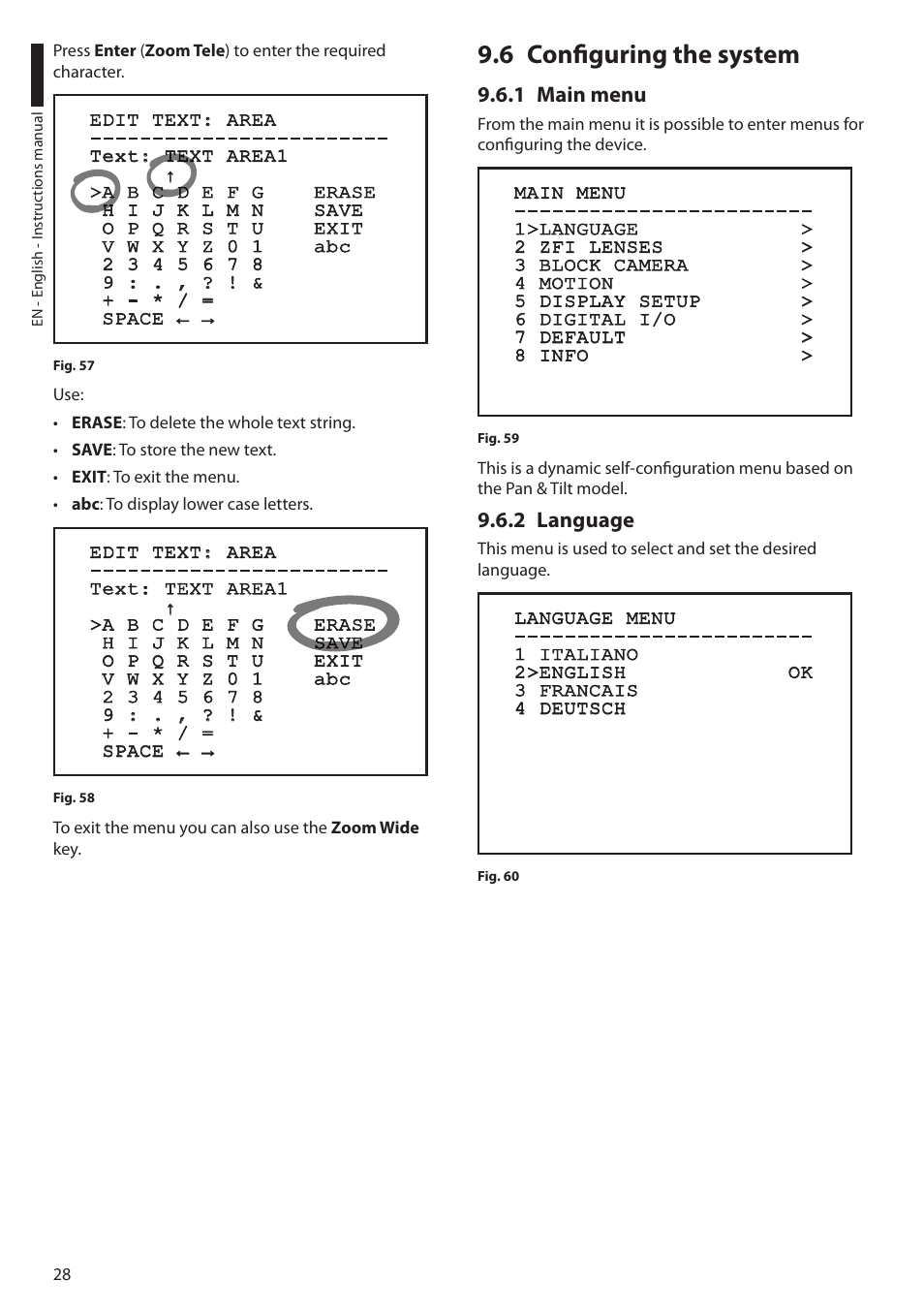 6 configuring the system, 1 main menu, 2 language | 1 main menu 9.6.2 language | Videotec ULISSE User Manual | Page 30 / 276