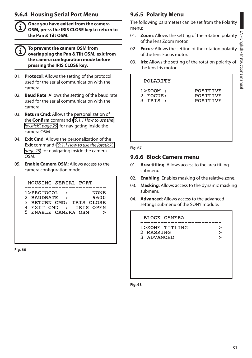 4 housing serial port menu, 5 polarity menu, 6 block camera menu | Videotec ULISSE User Manual | Page 33 / 276