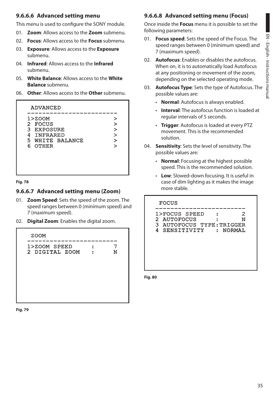 6 advanced setting menu, 7 advanced setting menu (zoom), 8 advanced setting menu (focus) | Videotec ULISSE User Manual | Page 37 / 276