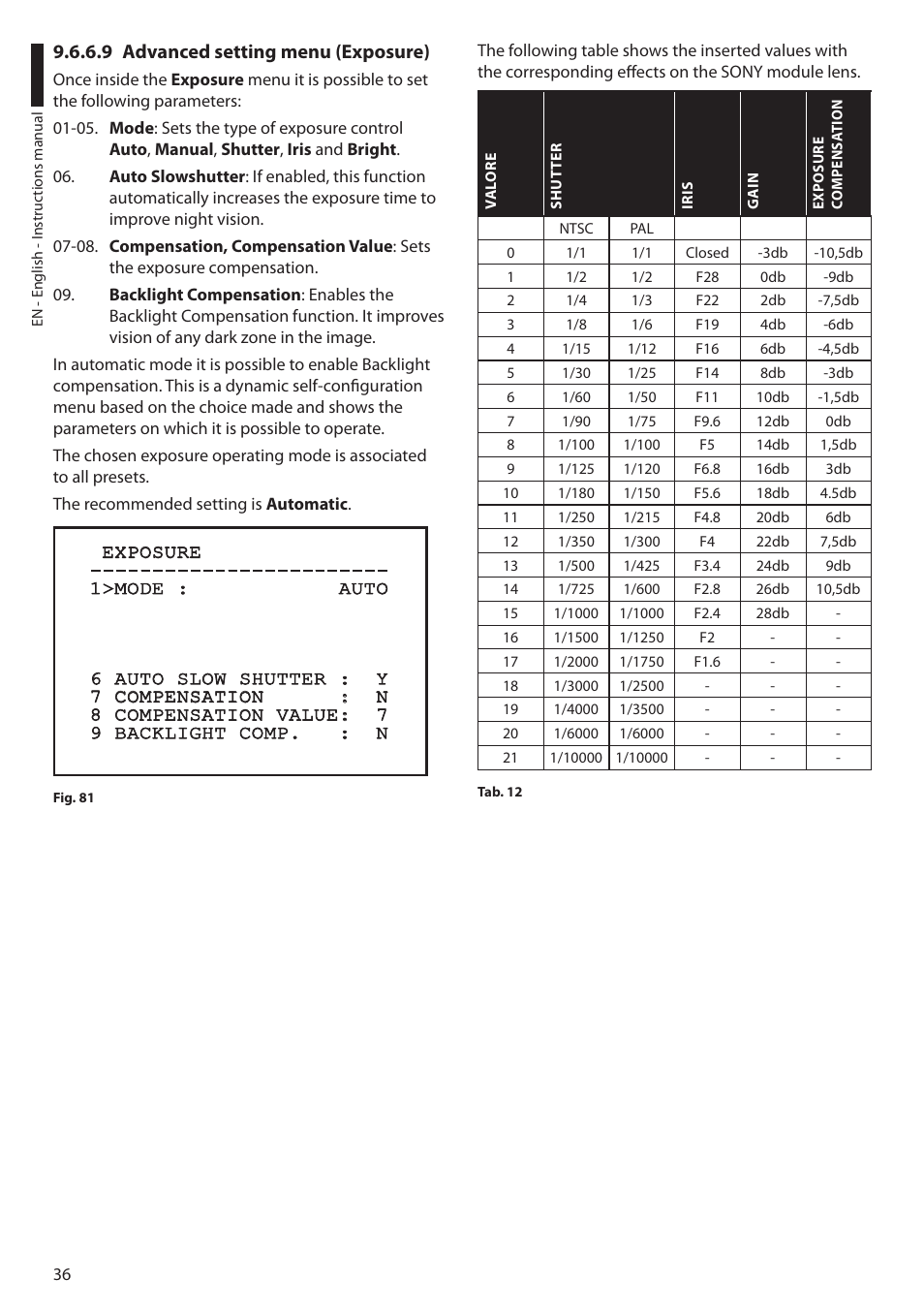 9 advanced setting menu (exposure) | Videotec ULISSE User Manual | Page 38 / 276