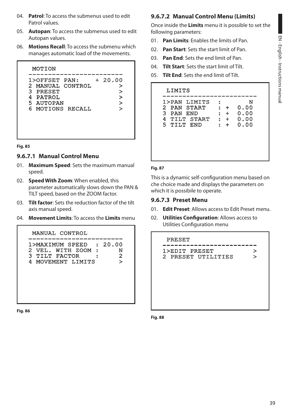 1 manual control menu, 2 manual control menu (limits), 3 preset menu | Videotec ULISSE User Manual | Page 41 / 276