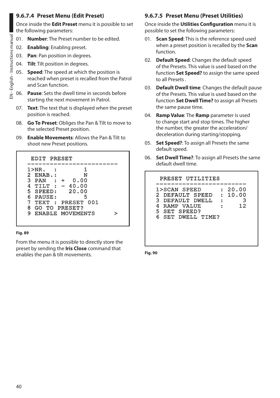 4 preset menu (edit preset), 5 preset menu (preset utilities) | Videotec ULISSE User Manual | Page 42 / 276