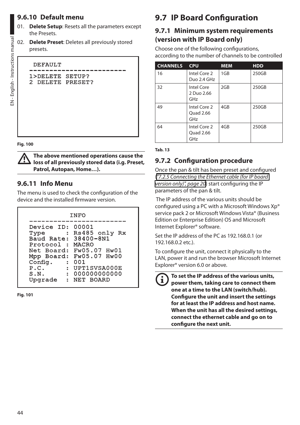 10 default menu, 11 info menu, 7 ip board configuration | 2 configuration procedure, 10 default menu 9.6.11 info menu | Videotec ULISSE User Manual | Page 46 / 276