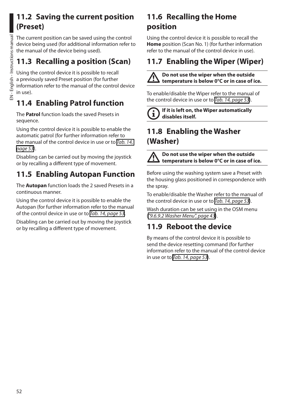2 saving the current position (preset), 3 recalling a position (scan), 4 enabling patrol function | 5 enabling autopan function, 6 recalling the home position, 7 enabling the wiper (wiper), 8 enabling the washer (washer), 9 reboot the device | Videotec ULISSE User Manual | Page 54 / 276