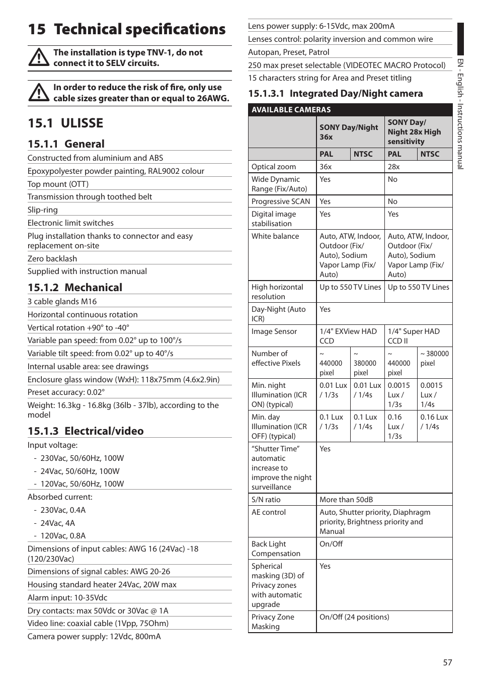 15 technical specifications, 1 ulisse, 1 general | 2 mechanical, 3 electrical/video, 1 integrated day/night camera | Videotec ULISSE User Manual | Page 59 / 276