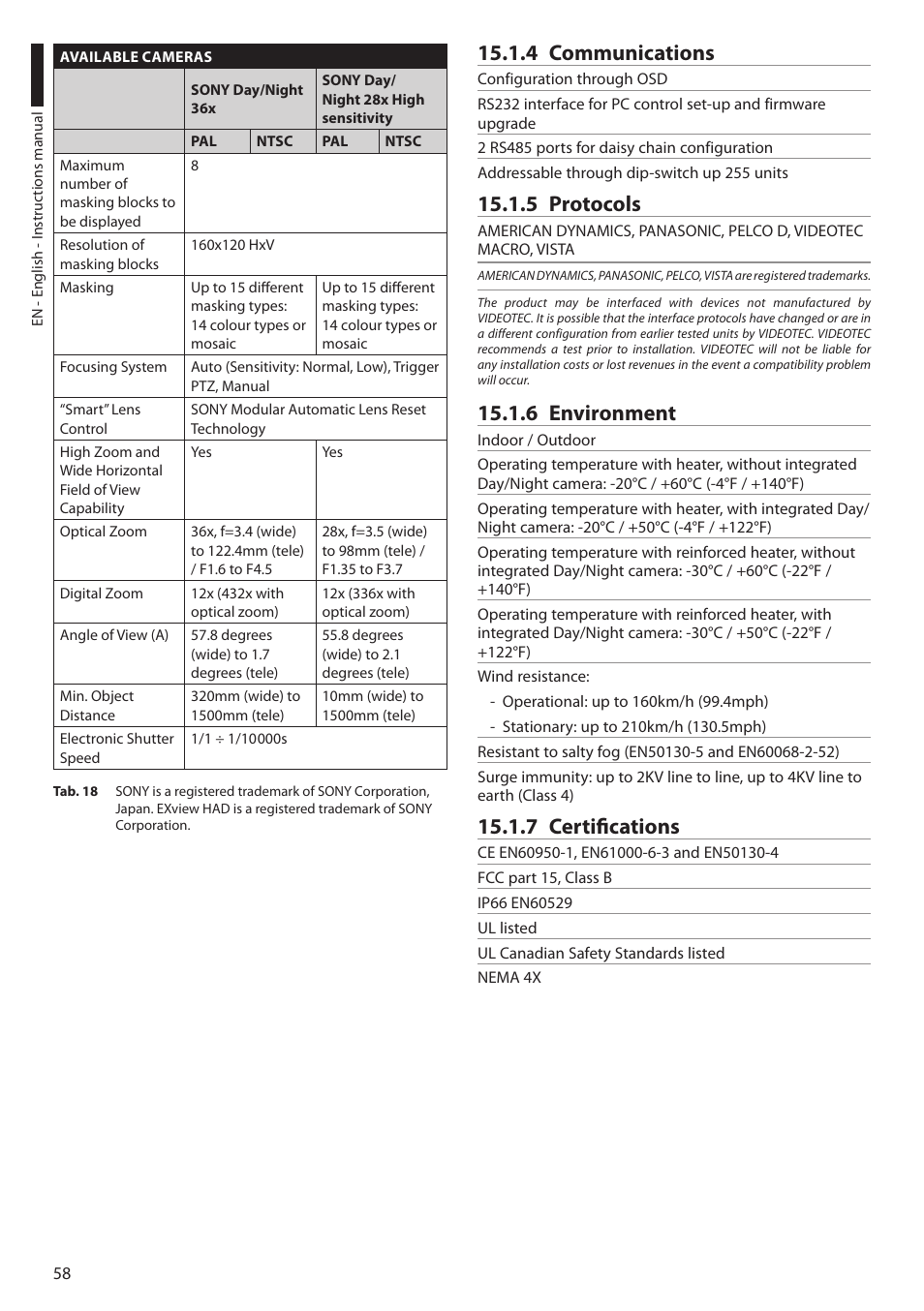 4 communications, 5 protocols, 6 environment | 7 certifications | Videotec ULISSE User Manual | Page 60 / 276