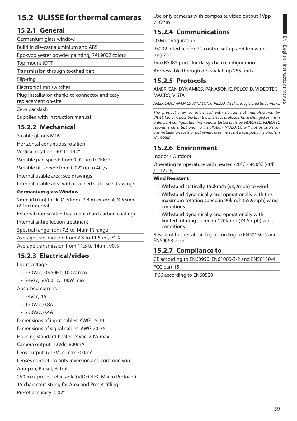 2 ulisse for thermal cameras, 1 general, 2 mechanical | 3 electrical/video, 4 communications, 5 protocols, 6 environment, 7 compliance to, 2 ulisse f or thermal cameras | Videotec ULISSE User Manual | Page 61 / 276