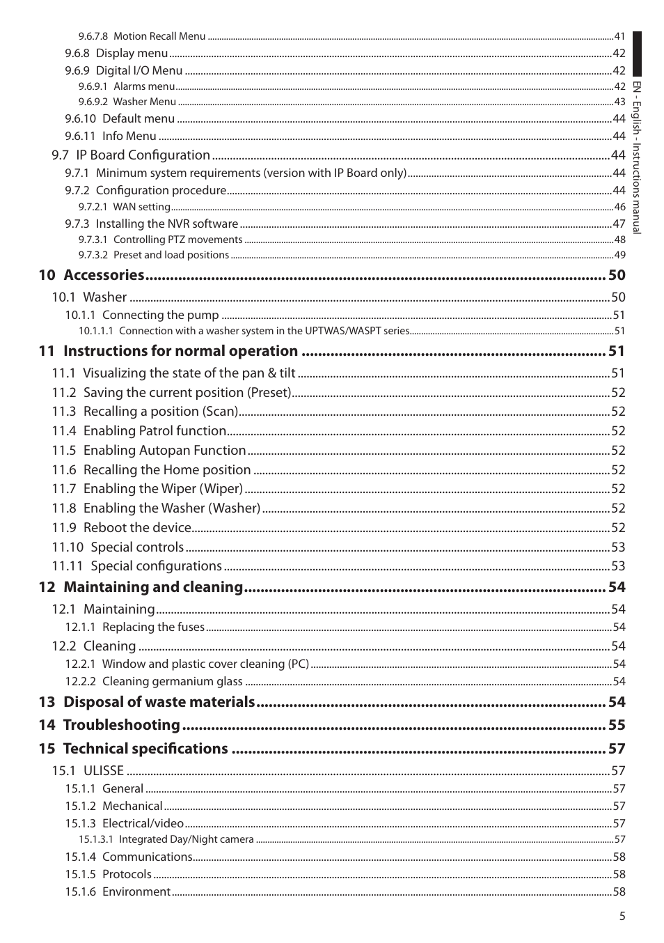 10 accessories, 11 instructions for normal operation, 12 maintaining and cleaning | Videotec ULISSE User Manual | Page 7 / 276