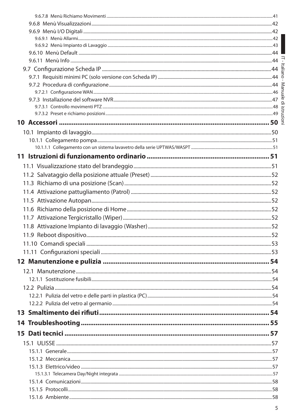 10 accessori, 11 istruzioni di funzionamento ordinario, 12 manutenzione e pulizia | Videotec ULISSE User Manual | Page 75 / 276