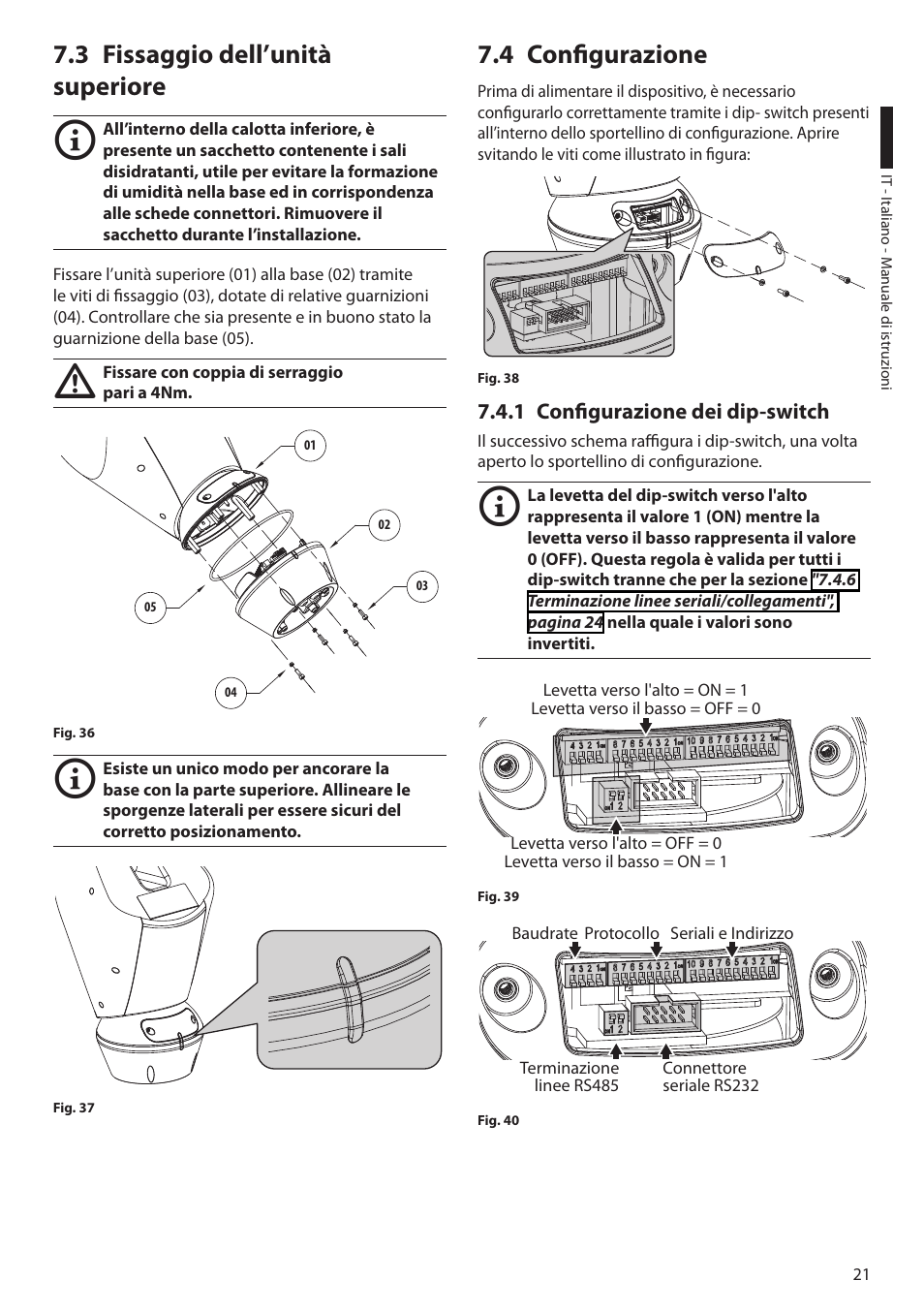 3 fissaggio dell’unità superiore, 4 configurazione, 1 configurazione dei dip-switch | Videotec ULISSE User Manual | Page 91 / 276