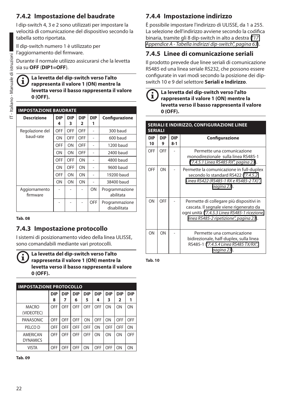 2 impostazione del baudrate, 3 impostazione protocollo, 4 impostazione indirizzo | 5 linee di comunicazione seriali | Videotec ULISSE User Manual | Page 92 / 276