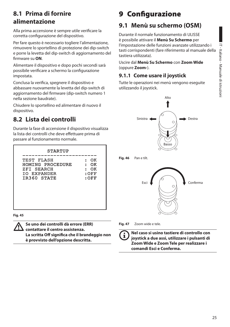 1 prima di fornire alimentazione, 2 lista dei controlli, 9 configurazione | 1 menù su schermo (osm), 1 come usare il joystick | Videotec ULISSE User Manual | Page 95 / 276