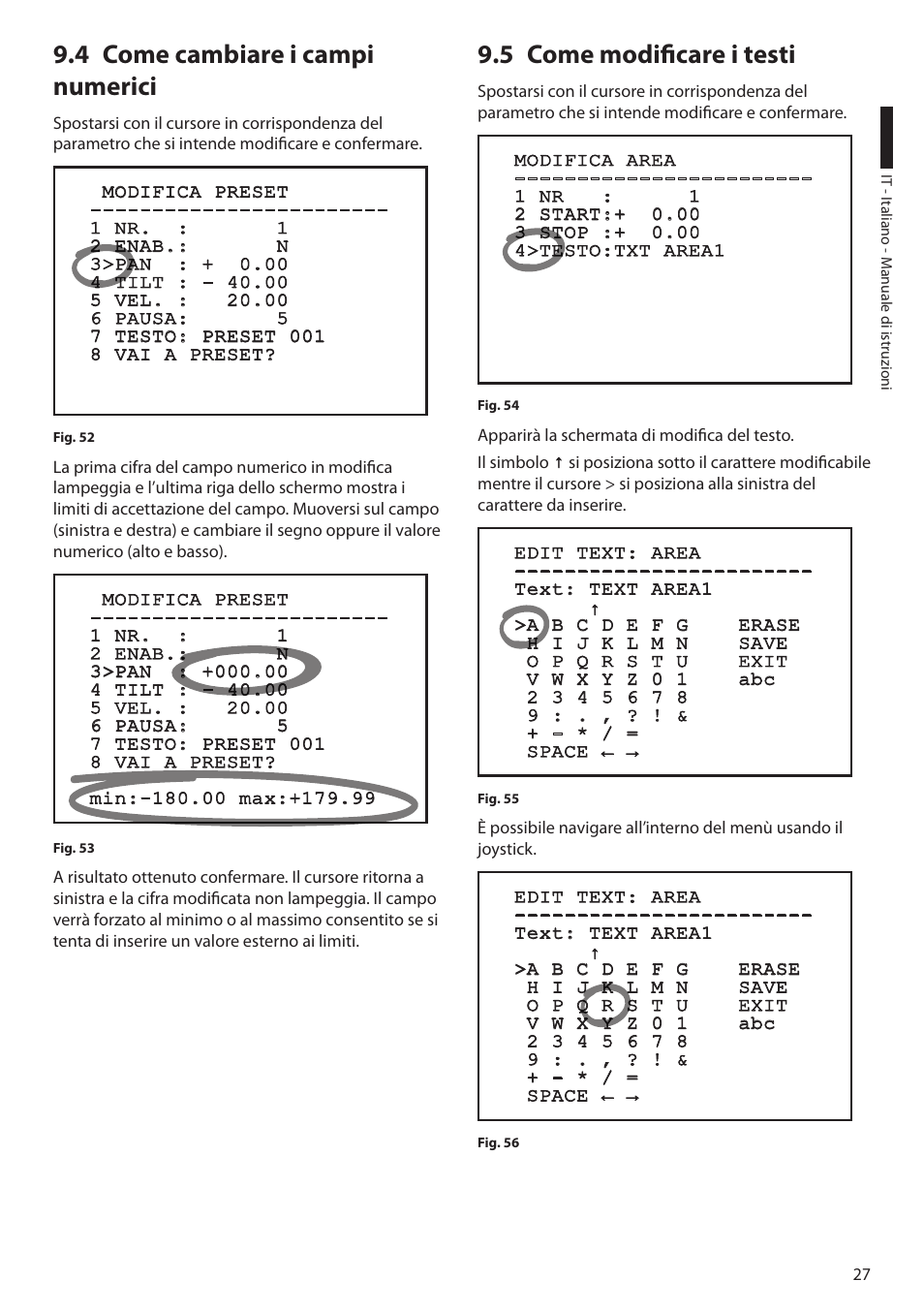 4 come cambiare i campi numerici, 5 come modificare i testi | Videotec ULISSE User Manual | Page 97 / 276