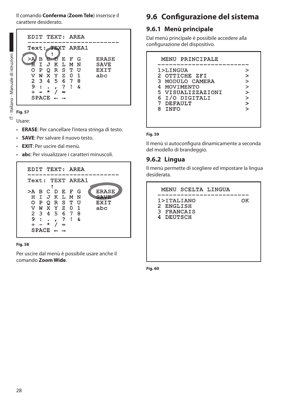 6 configurazione del sistema, 1 menù principale, 2 lingua | 1 menù principale 9.6.2 lingua | Videotec ULISSE User Manual | Page 98 / 276