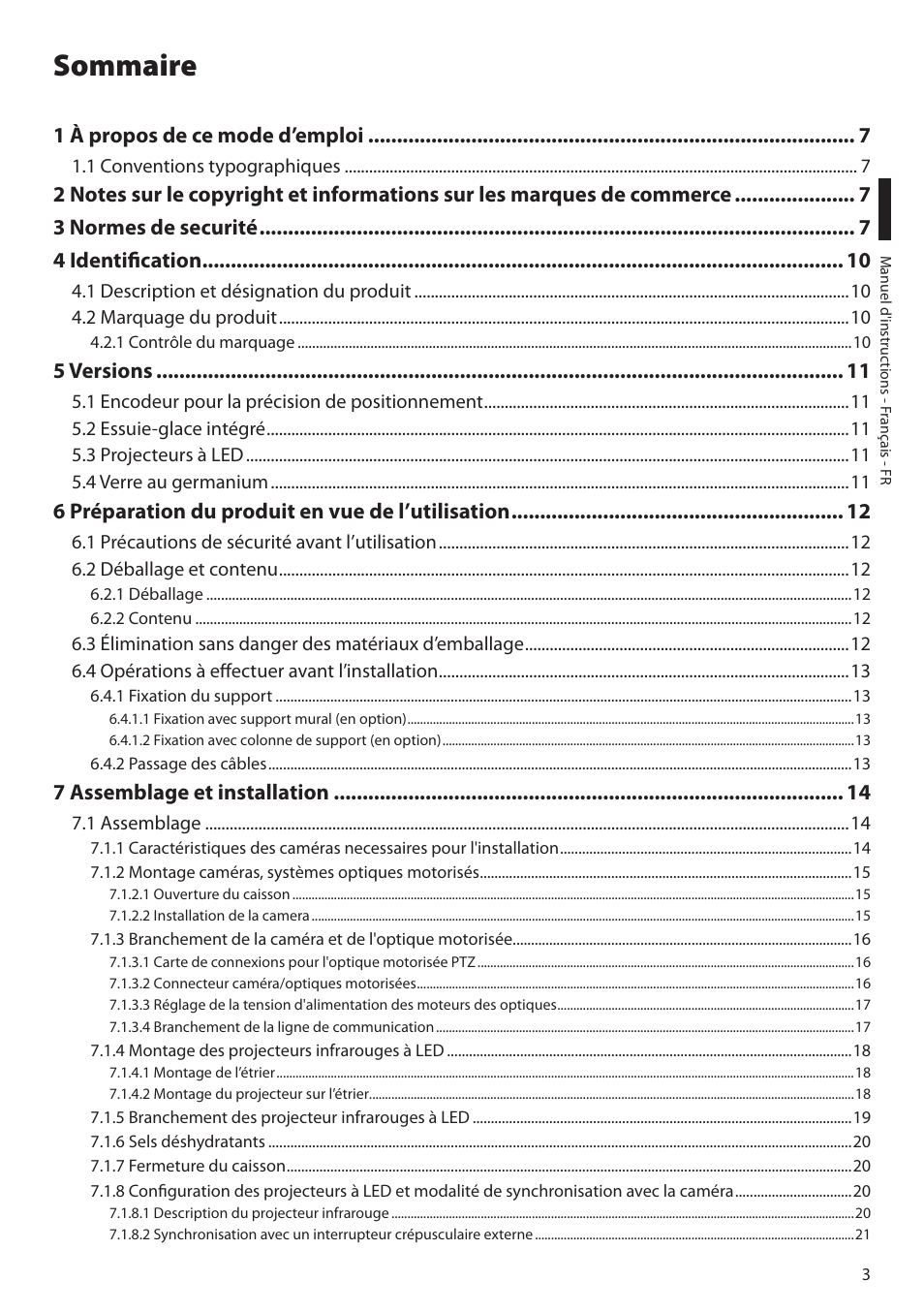 Sommaire, 1 à propos de ce mode d’emploi, 5 versions | 6 préparation du produit en vue de l’utilisation, 7 assemblage et installation | Videotec ULISSE NETCAM User Manual | Page 105 / 204