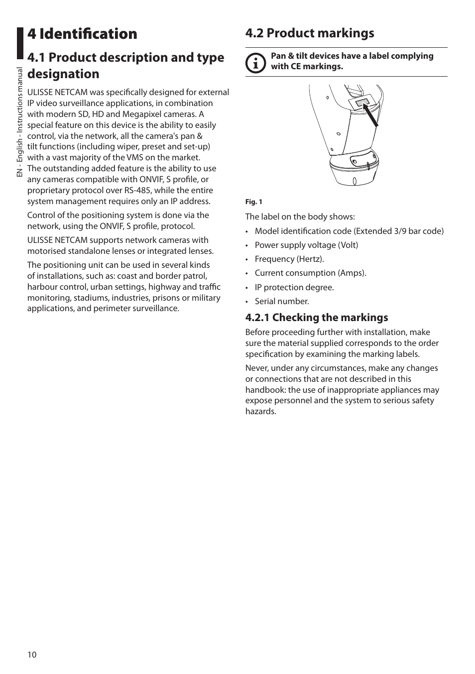 4 identification, 1 product description and type designation, 2 product markings | 1 checking the markings | Videotec ULISSE NETCAM User Manual | Page 12 / 204