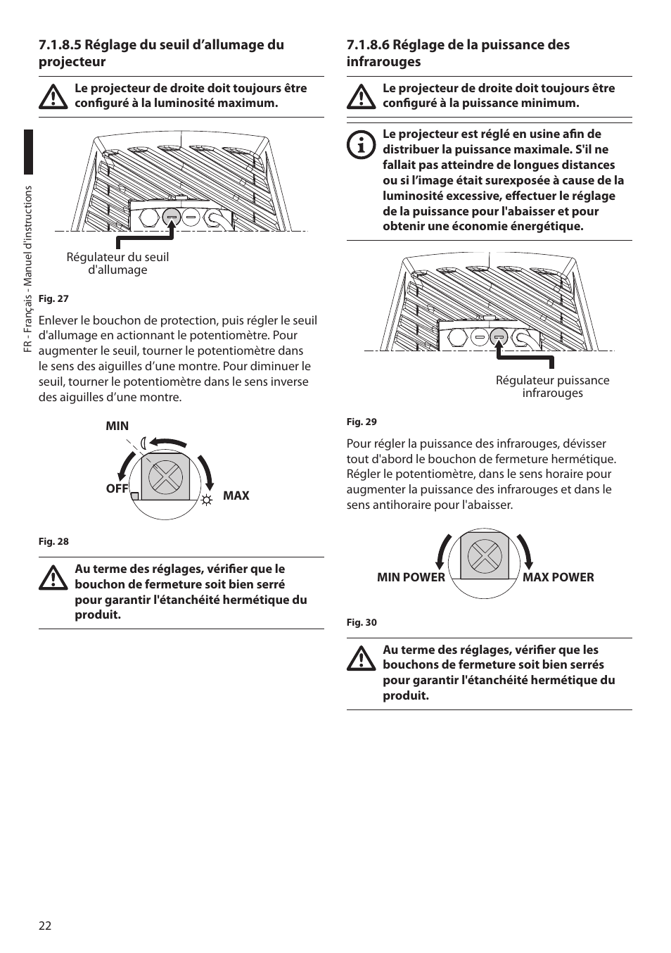 5 réglage du seuil d’allumage du projecteur, 6 réglage de la puissance des infrarouges | Videotec ULISSE NETCAM User Manual | Page 124 / 204